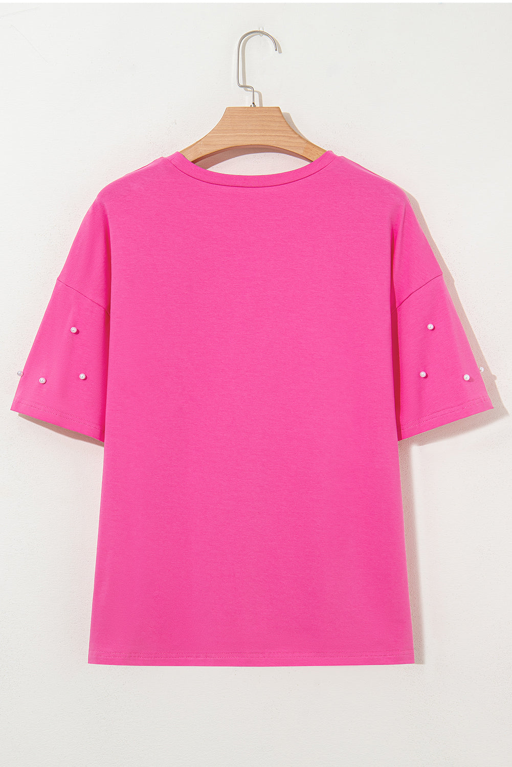 Bright Pink Pearl Beaded Drop Shoulder Crewneck T Shirt - eAura