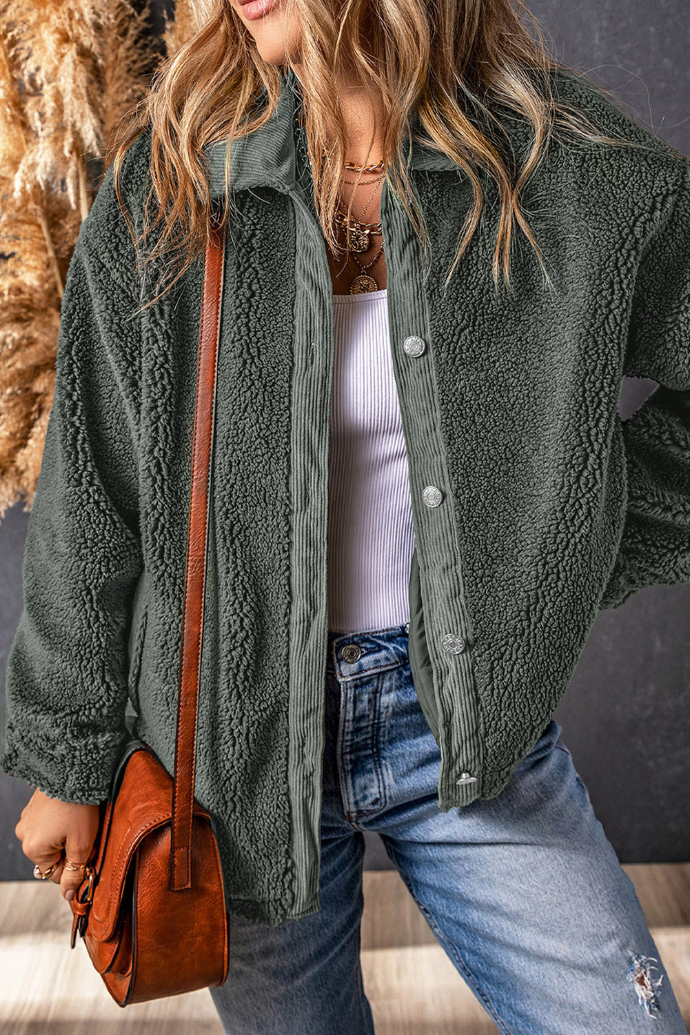 Grey Corduroy Trim Elbow Patch Sherpa Jacket Beagle Boutique Fashion Outlet