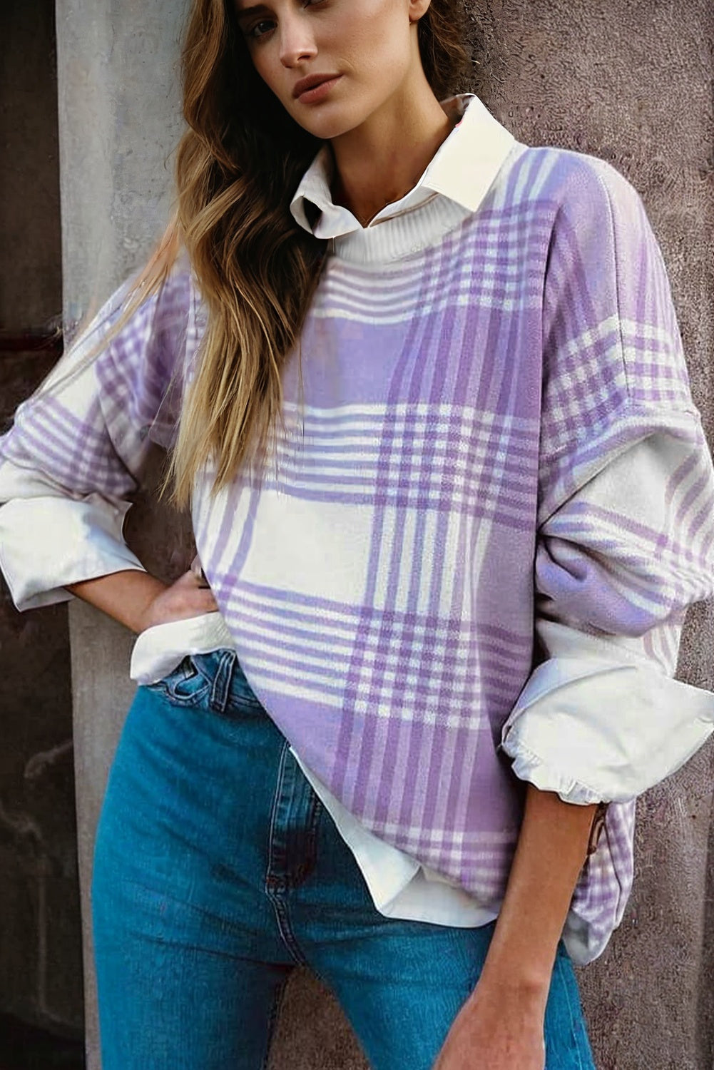 Lilac Plaid Print Ribbed Trim Loose Sweater eAura