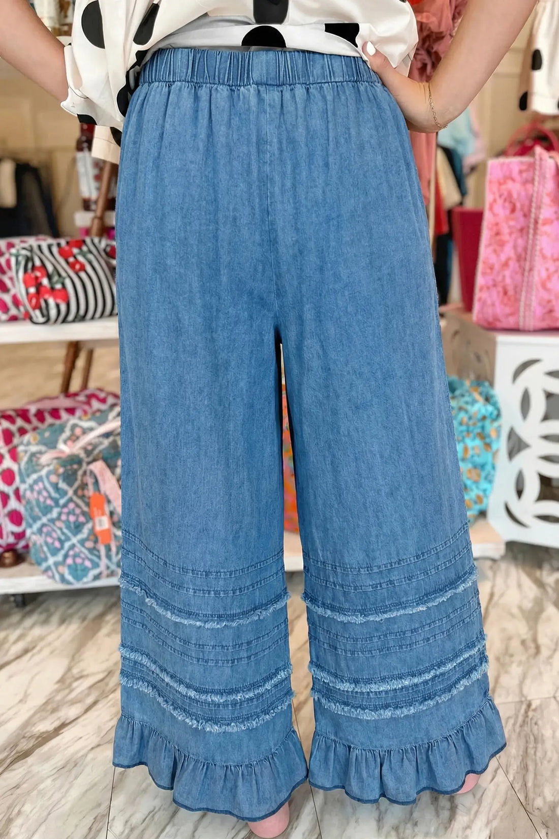 Ruffled Hem Wide Leg Chambray Pants – Dusk Blue
