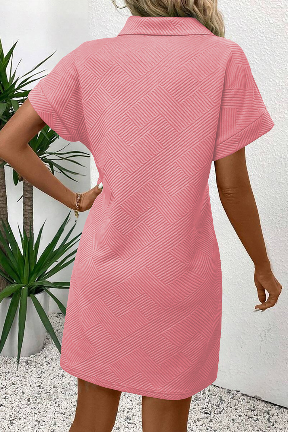 Sky Blue Solid Color Textured Short Sleeve A Line Mini Dress – Light Blue