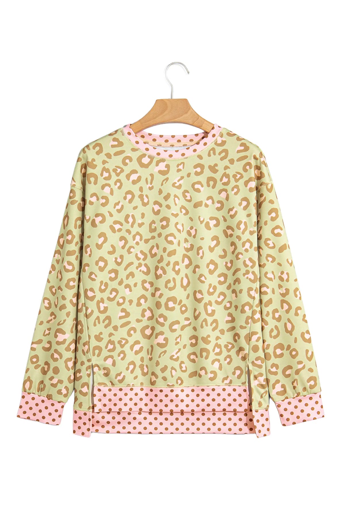 Leopard Polka Dot Colourblock Trim Long Sleeve Top – Khaki