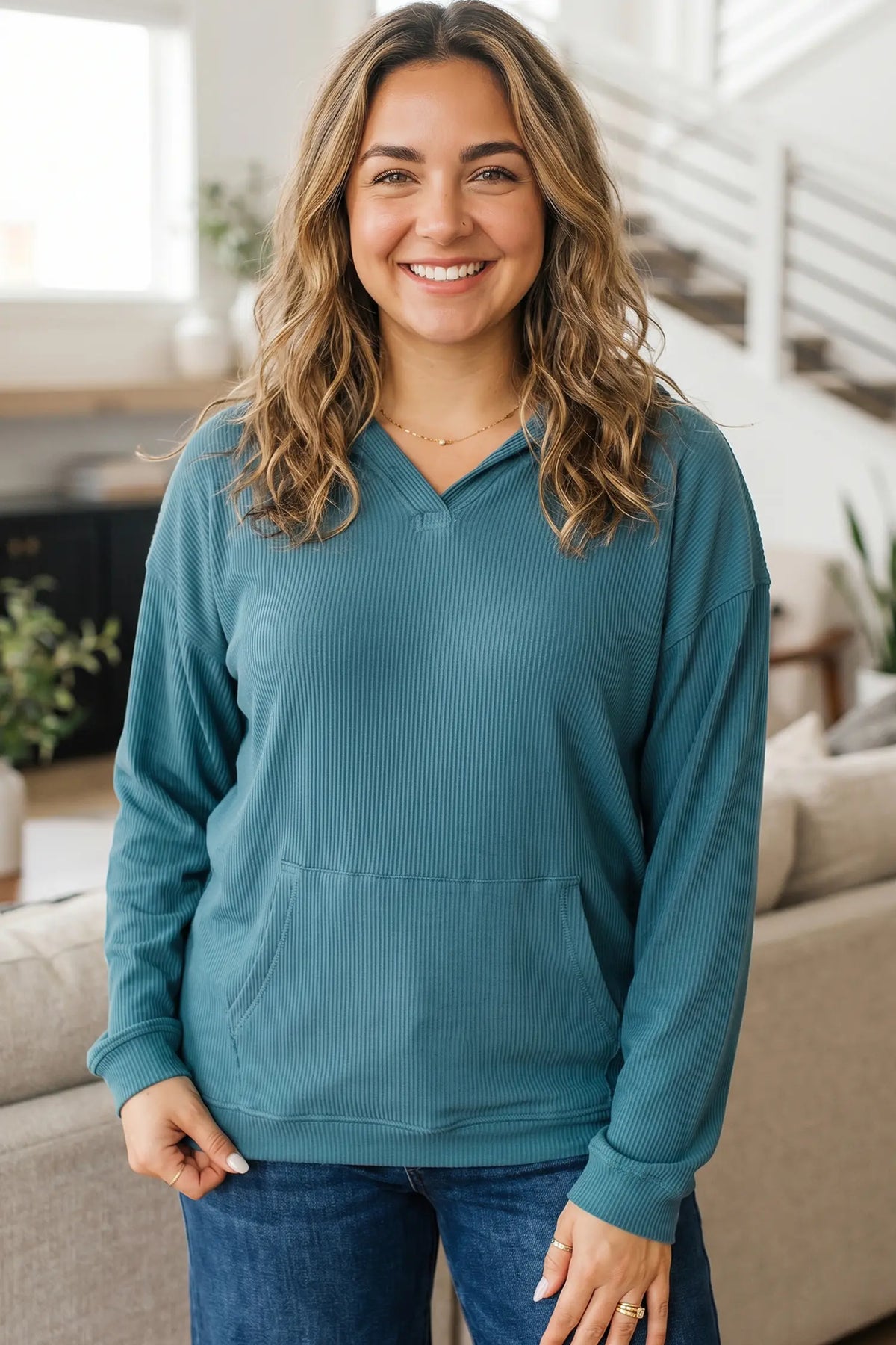 Ribbed Drop Shoulder Long Sleeve Plus Size Blouse – Lapis