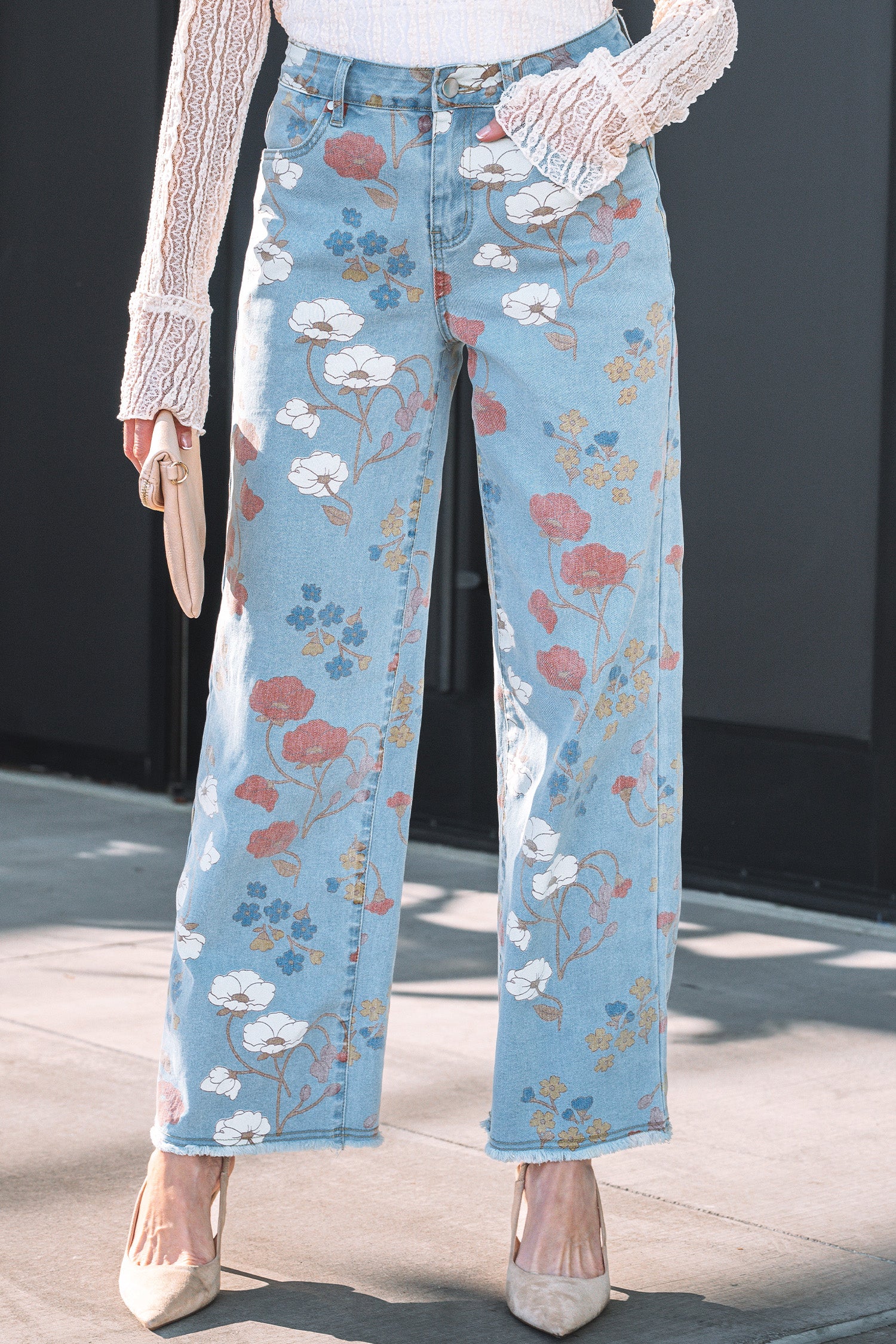 Blue Floral Printed Raw Hem Jeans