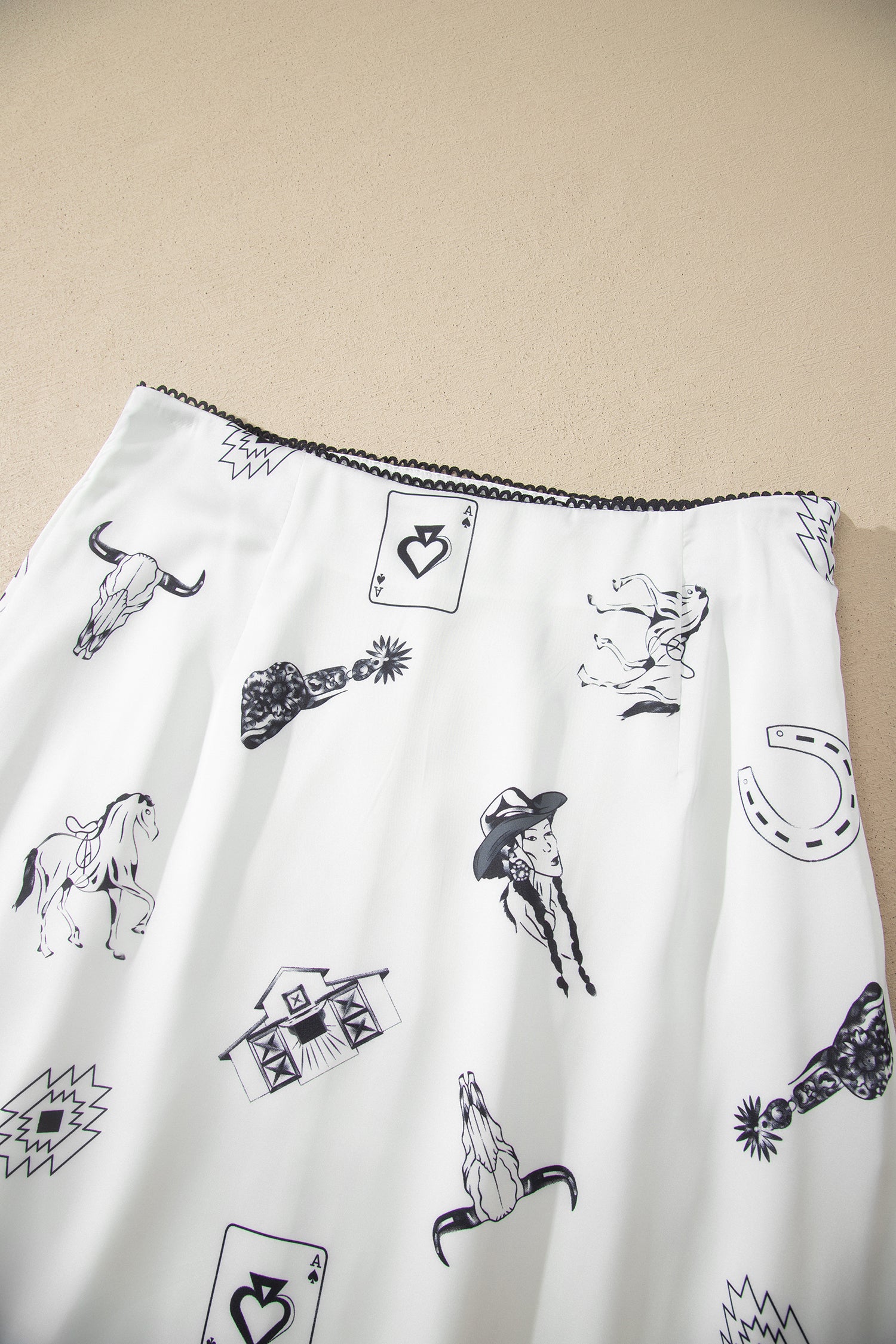 Western Print Satin Long Skirt – White