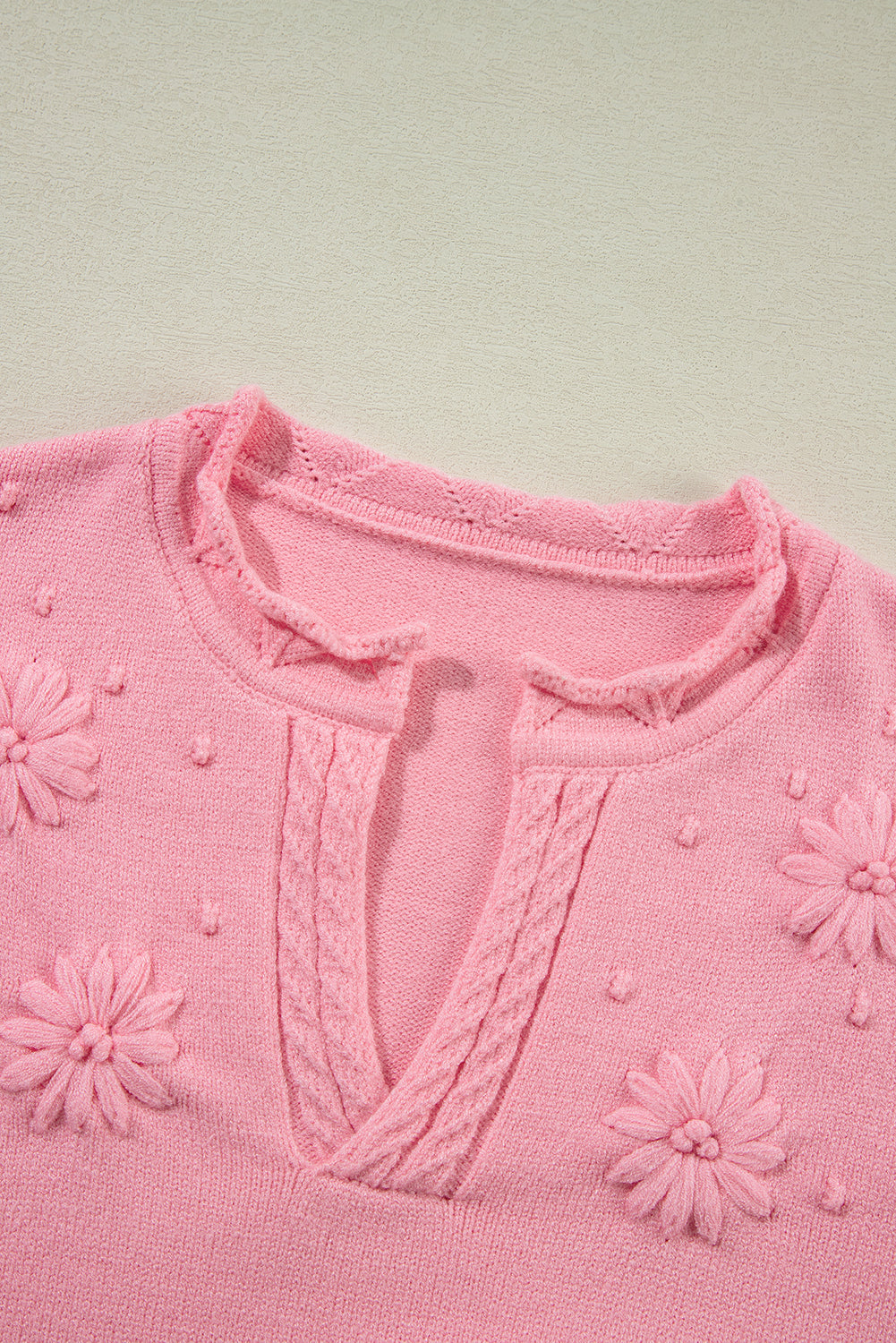 Peach Blossom Flower Detail Knitted Notched Neck Sweater eAura