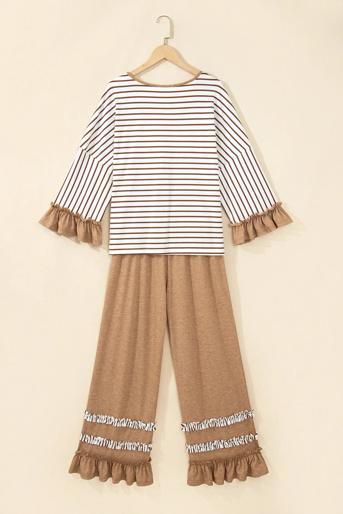 V Neck Ruffle Contrast Sleeve Top Drawstring Pants 2pcs Set – Grey Stripe