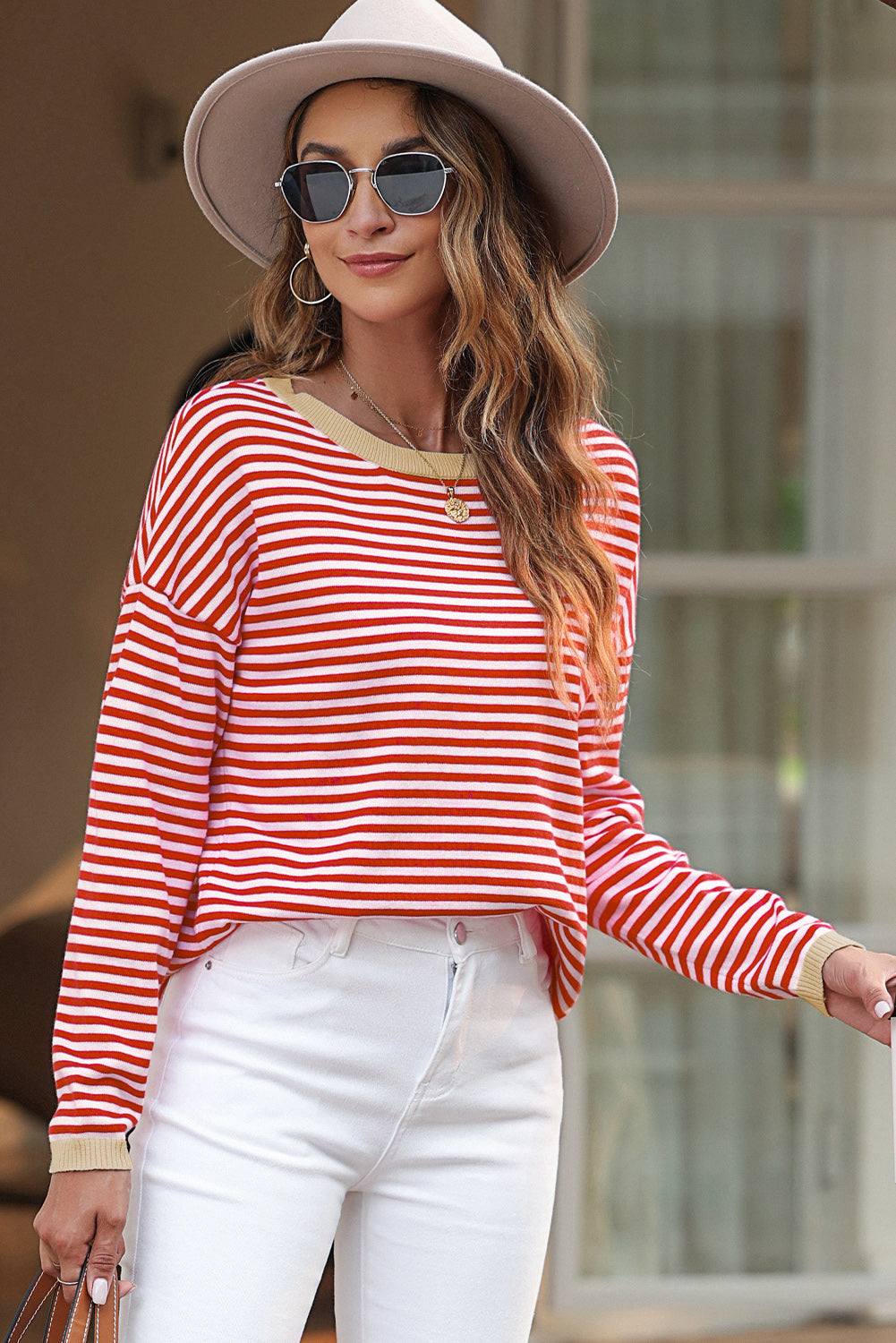 Fiery Red Contrast Trimmed Striped Drop Shoulder Sweater eAura