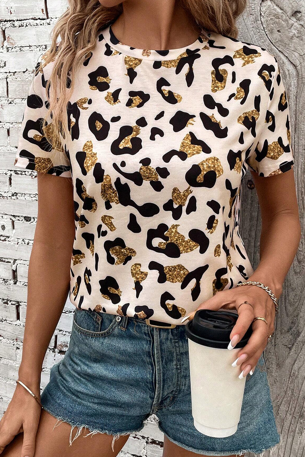 Apricot Leopard Print Round Neck Casual T Shirt eAura