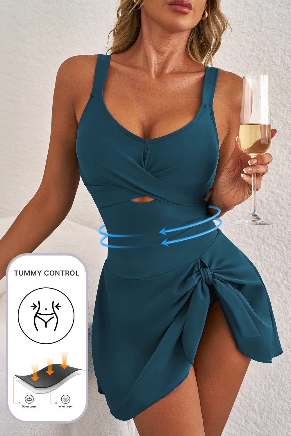 Sea Green Adjustable Straps Cutout Ruched Knot Slit One Piece Swim Dress BB Fashion Outlet