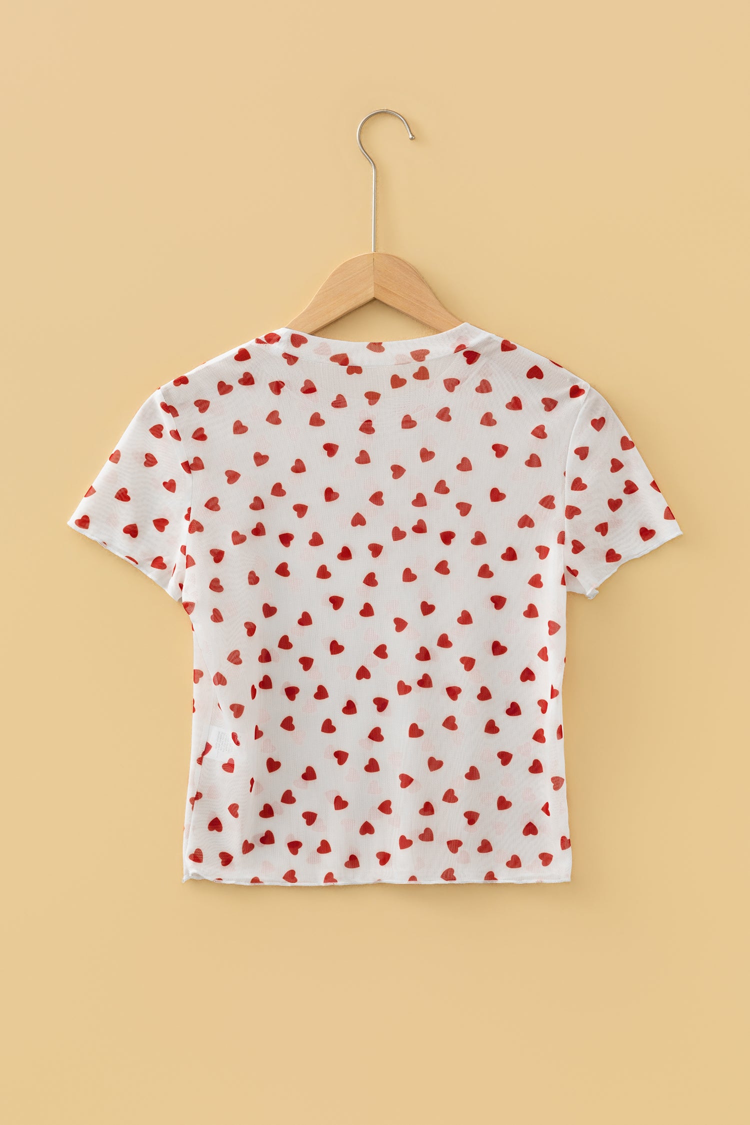 Allover Heart Print Mesh Short Sleeve Top