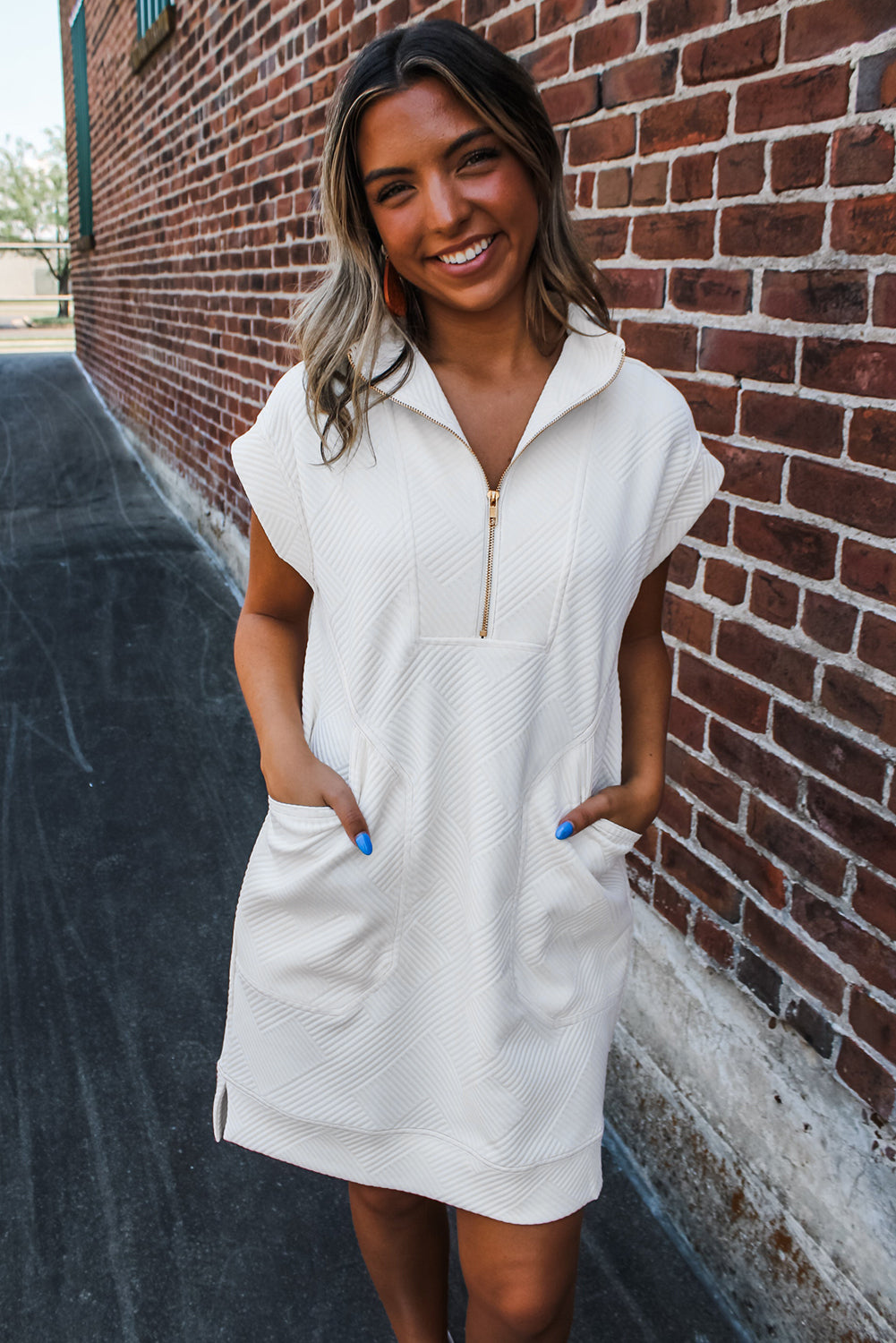White Textured Half Zip Collared Cap Sleeve Mini Dress eAura
