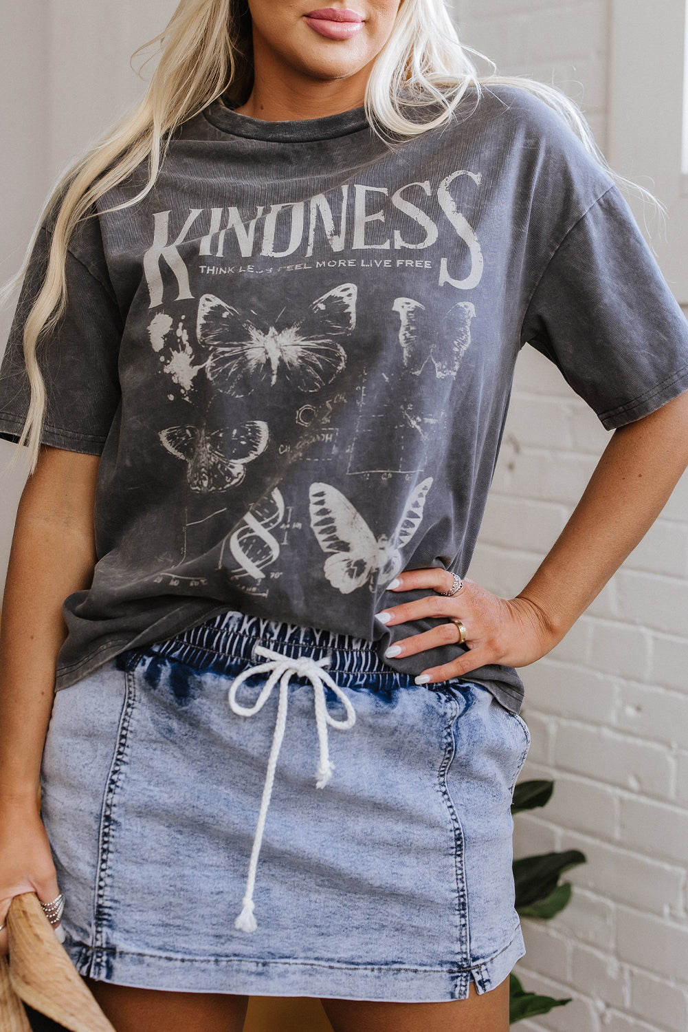 Dark Grey Kindness Butterflies Graphic Mineral Wash Loose Tee eAura