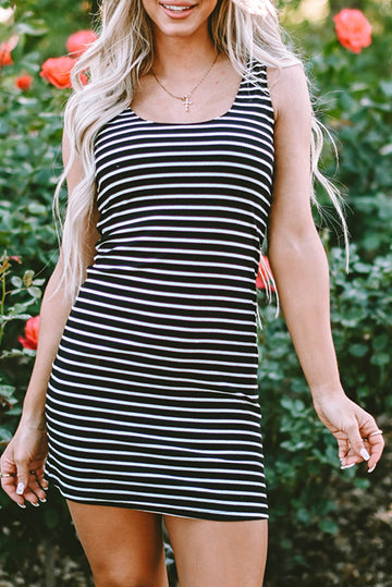 Black Stripe Ribbed Knit Sleeveless Mini Dress BB Fashion Outlet