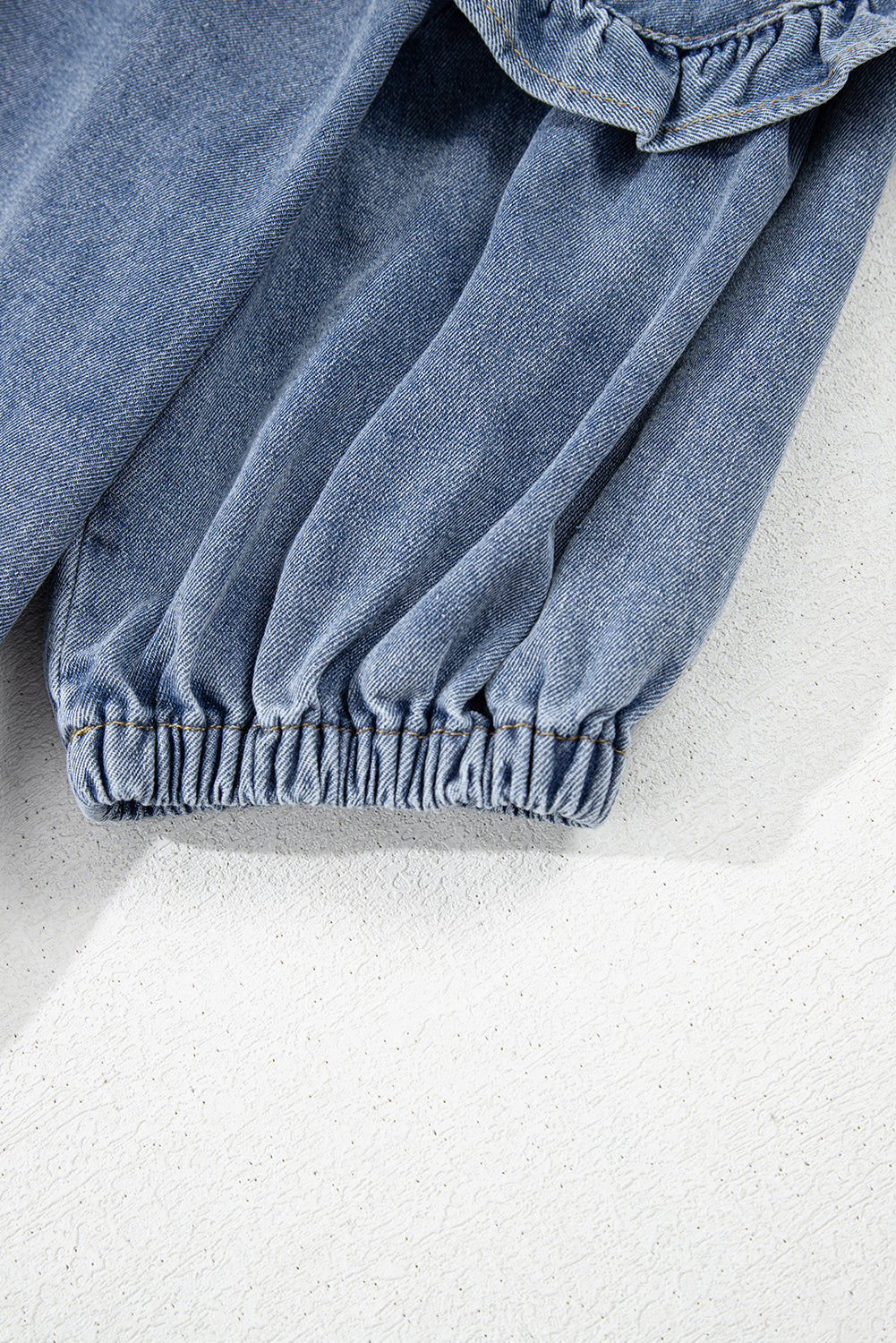Dusk Blue Ruffled Collared Side Pockets Puff Sleeve Denim Mini Dress eAura