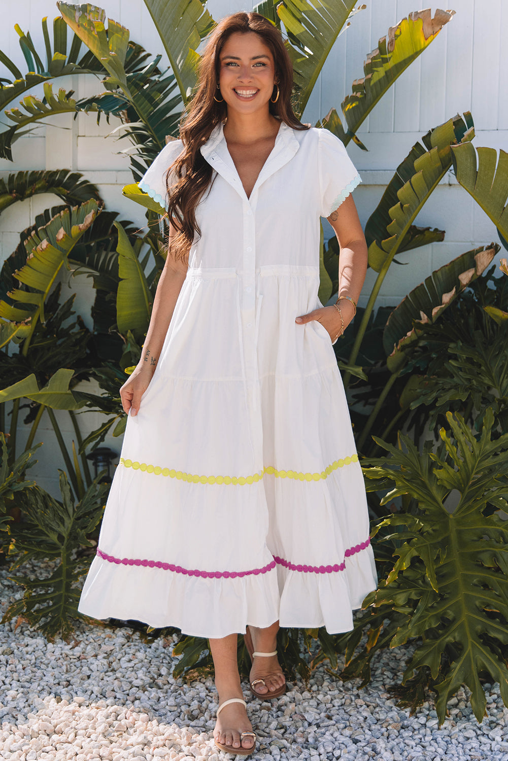 White Colorblock Rickrack Trim Short Sleeve Drawstring Waist Long Dress BB Fashion Outlet