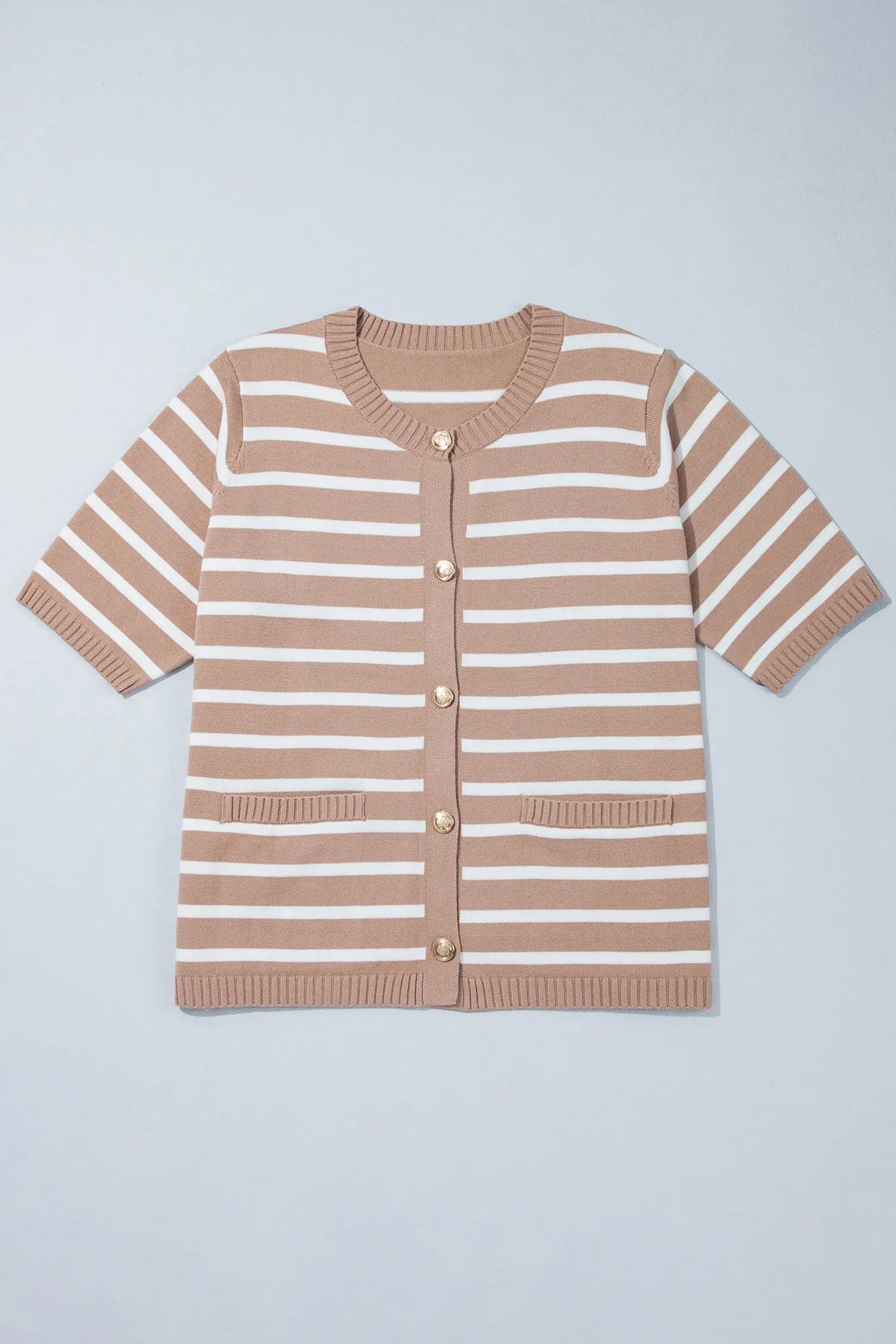 Button Down Short Sleeve Knit Plus Size Cardigan – Khaki Stripe