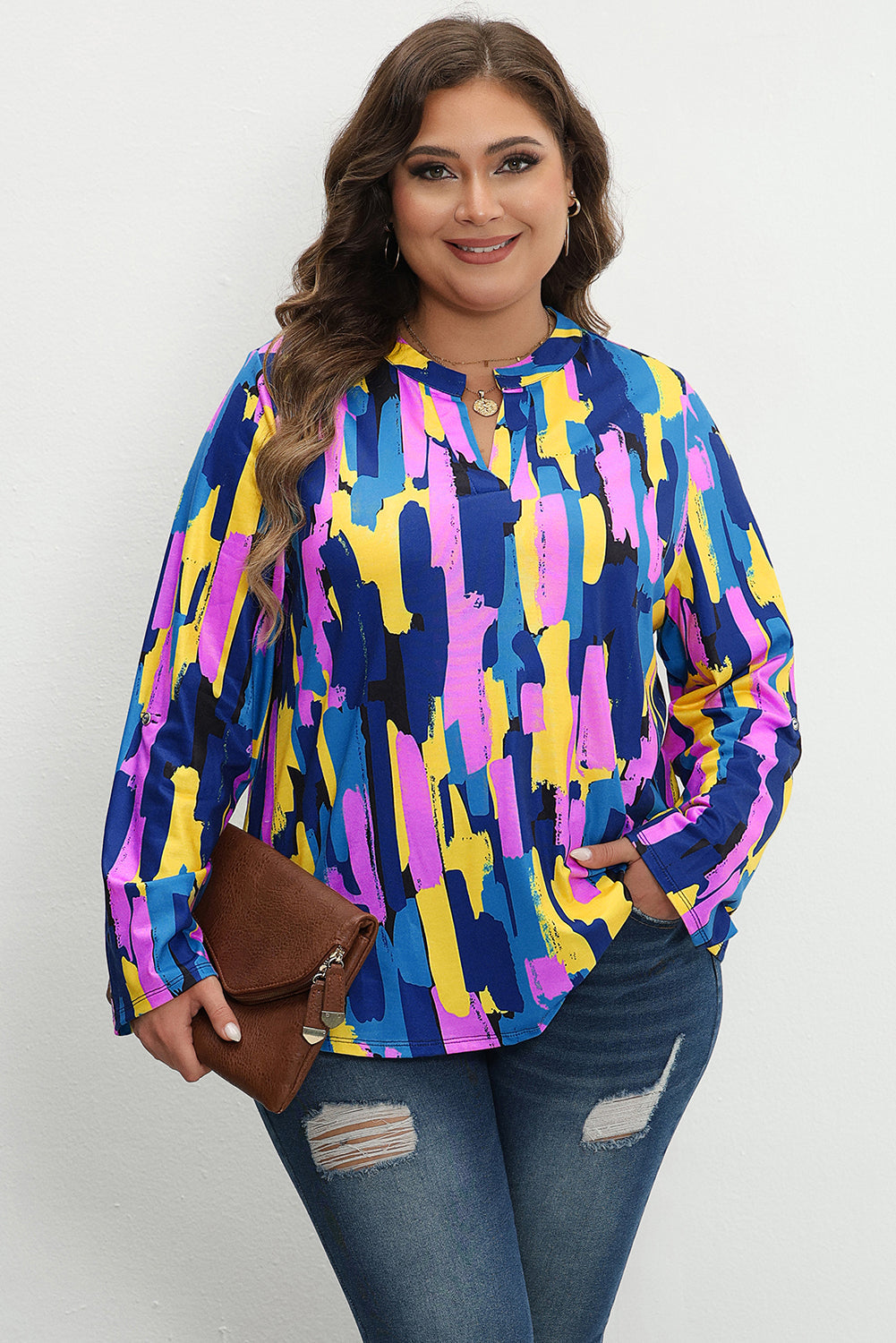 Blue Plus Size Brushstroke Print 3/4 Sleeve Blouse BB Fashion Outlet