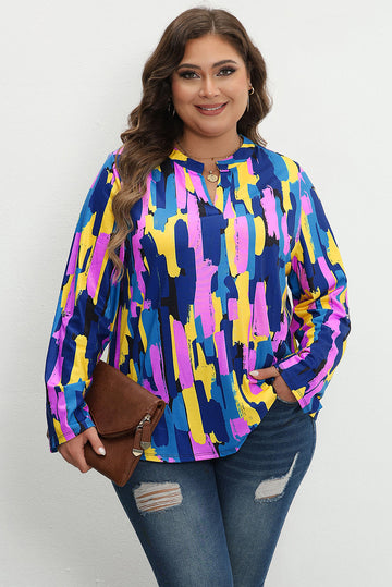 Blue Plus Size Brushstroke Print 3/4 Sleeve Blouse BB Fashion Outlet