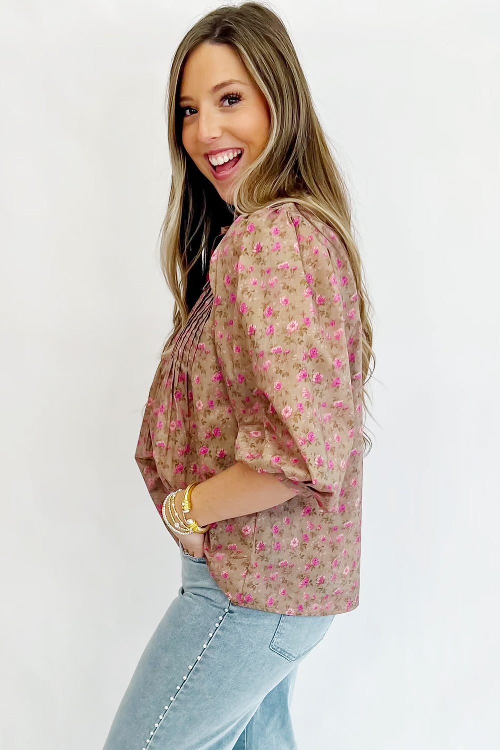 Floral Print Bow Pintuck Bust Half Puff Sleeve Blouse eAura