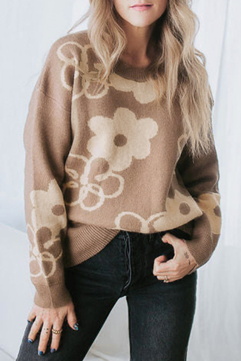 Camel Floral Drop Shoulder Ribbed Trim Sweater eAura