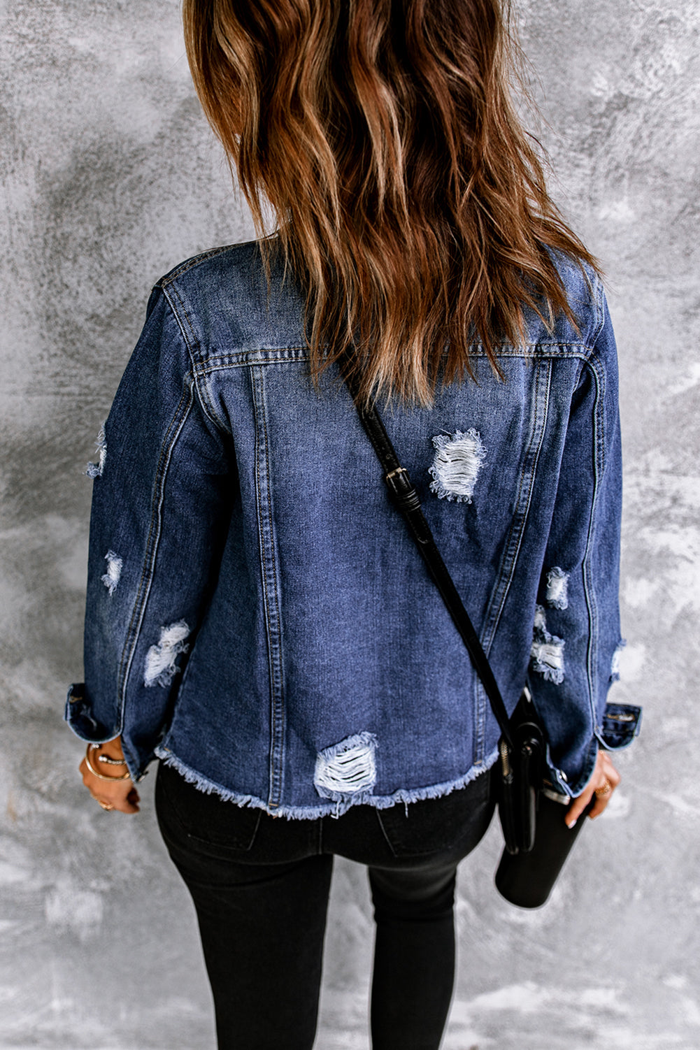 Blue Lapel Distressed Raw Hem Buttons Denim Jacket BB Fashion Outlet