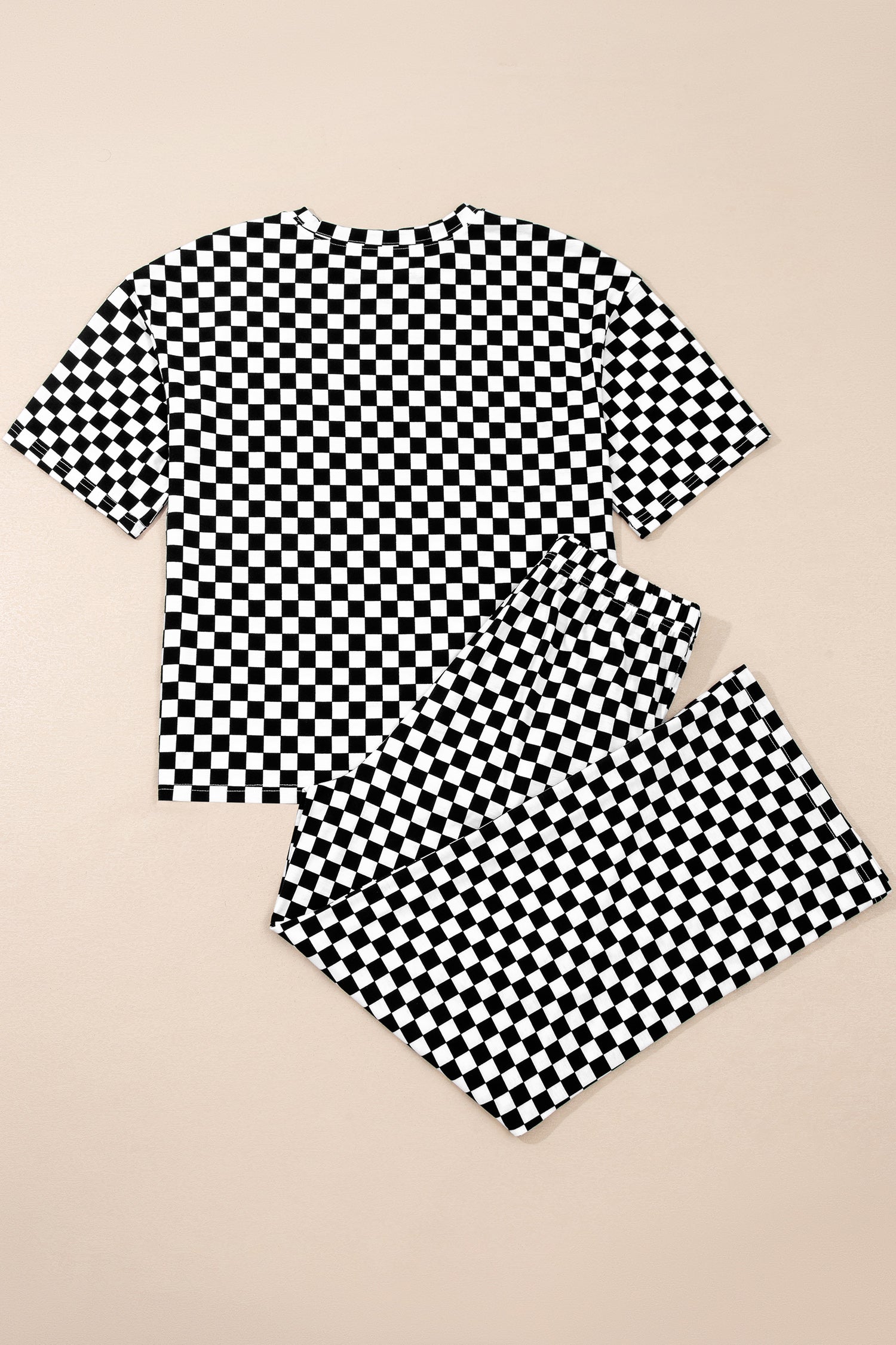 Checkered Print Half Sleeve Tee 2pcs Lounge Pant Set – Rose