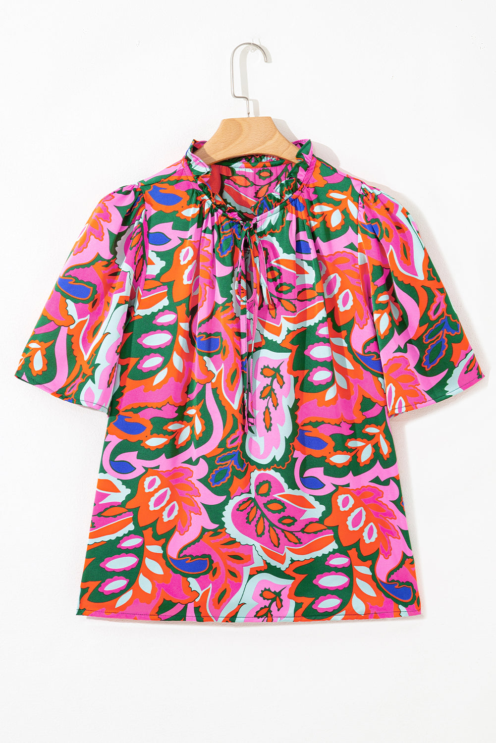 Rose Summer Plant Print Lace up V-Neck Short Sleeve Blouse BB Fashion Outlet