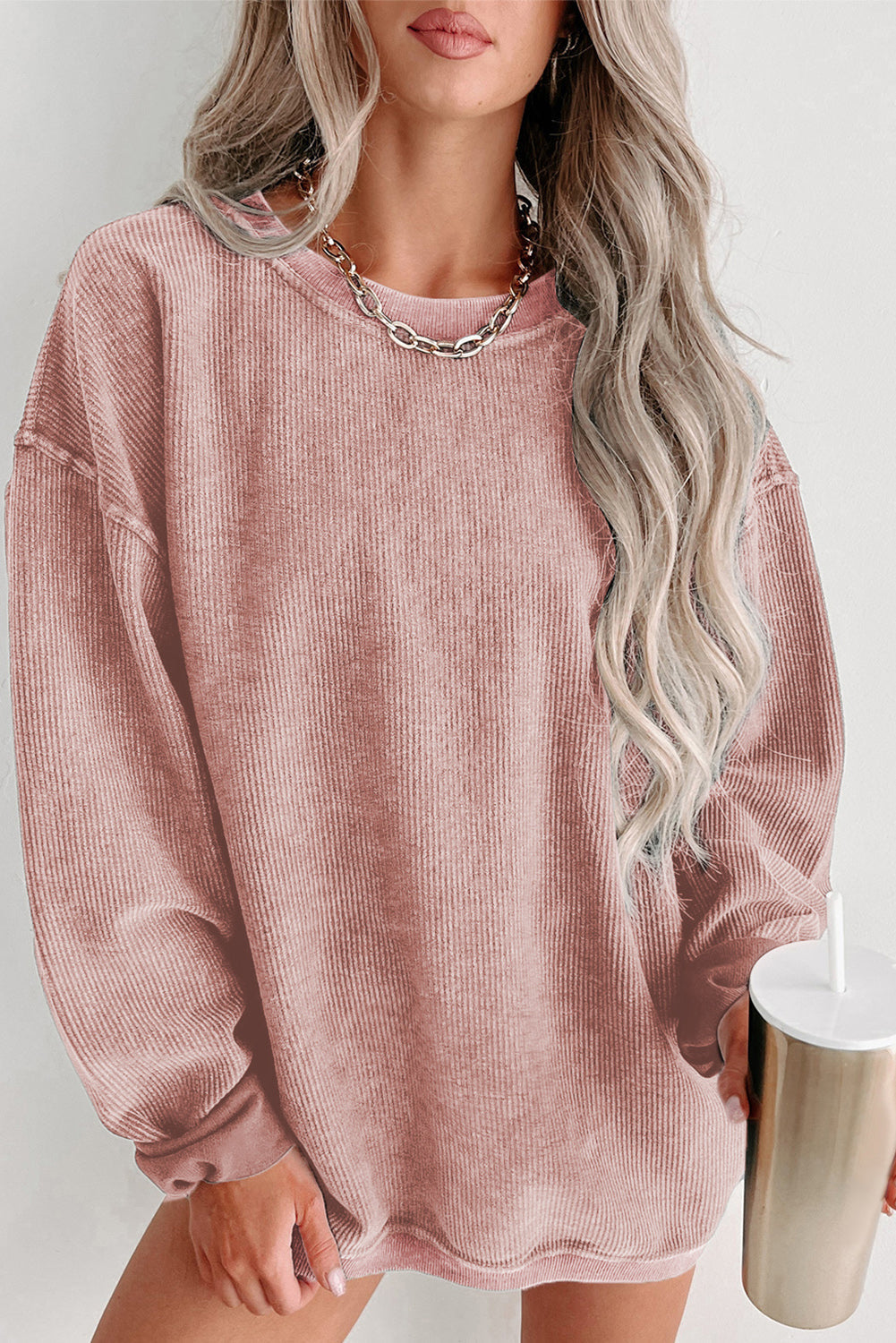 Green Solid Ribbed Knit Round Neck Pullover Sweatshirt eAura