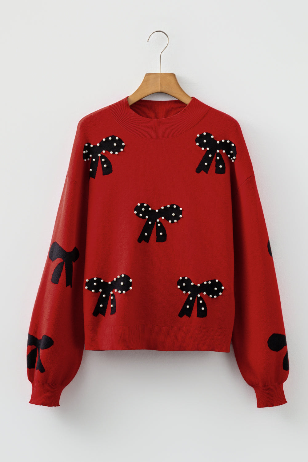 Pearl Embellished Bow Pattern Loose Sweater - eAura