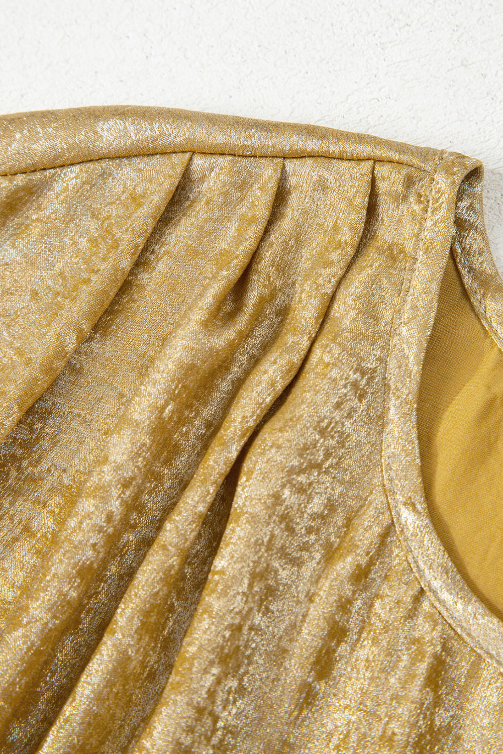 Gold Glossy Round Neck Pleated Detail Short Sleeve Blouse eAura