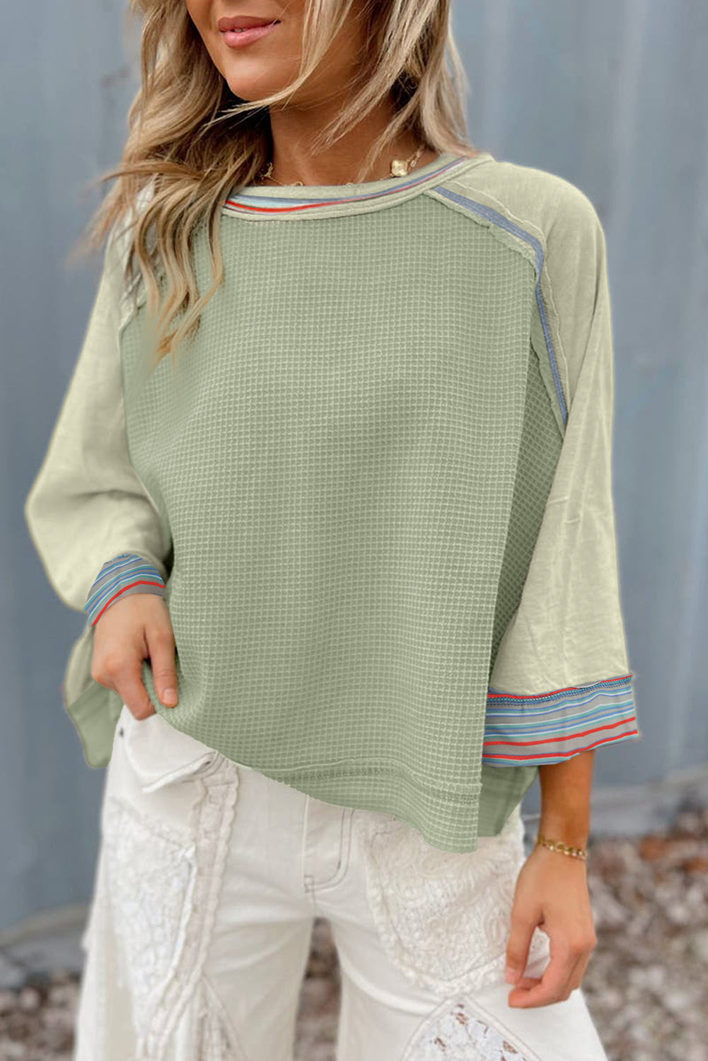 Grapefruit Orange Waffle Knit Wide Bracelet Sleeve Patchwork Raglan Top BB Fashion Outlet