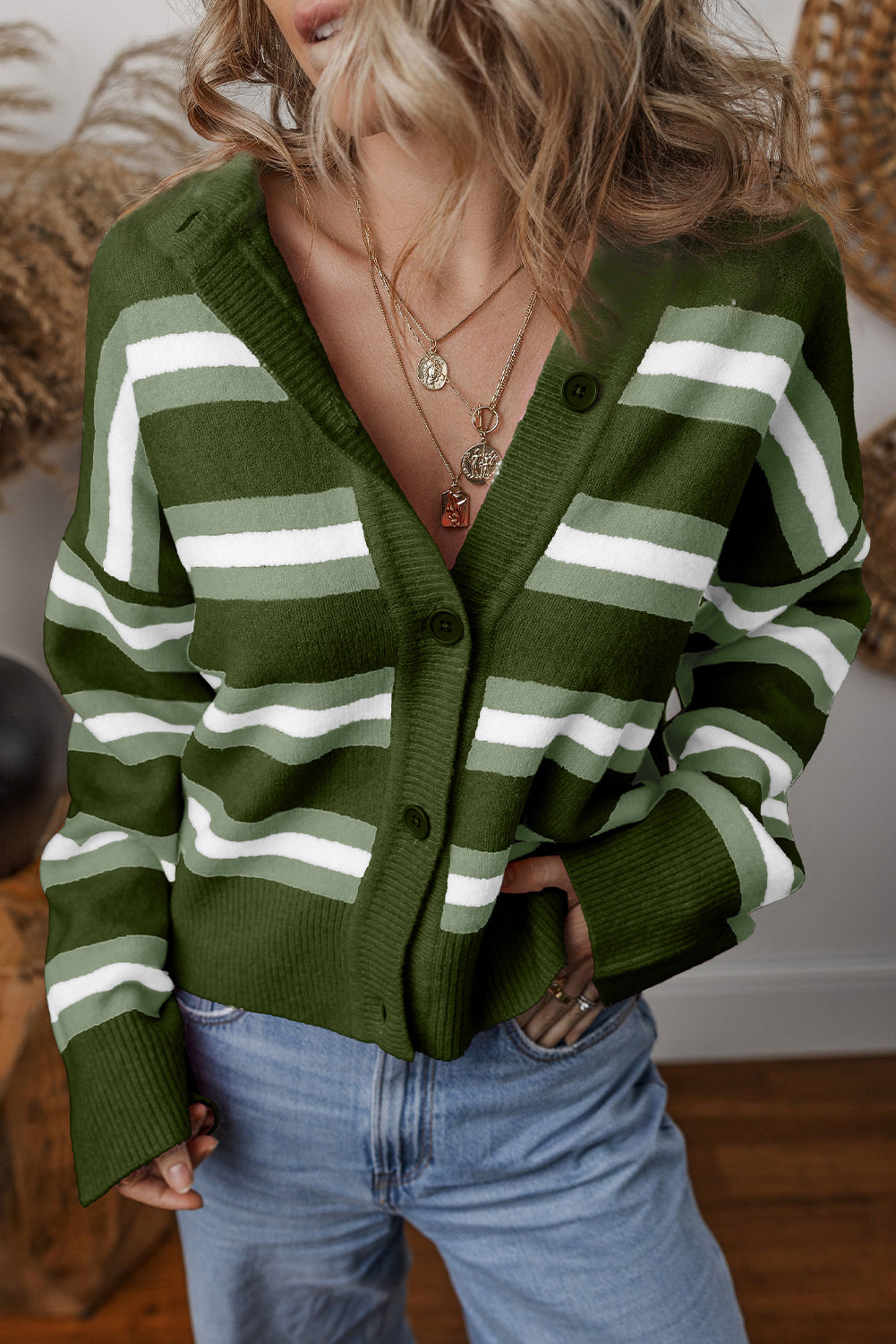 Green Stripe Drop Shoulder Cardigan - eAura