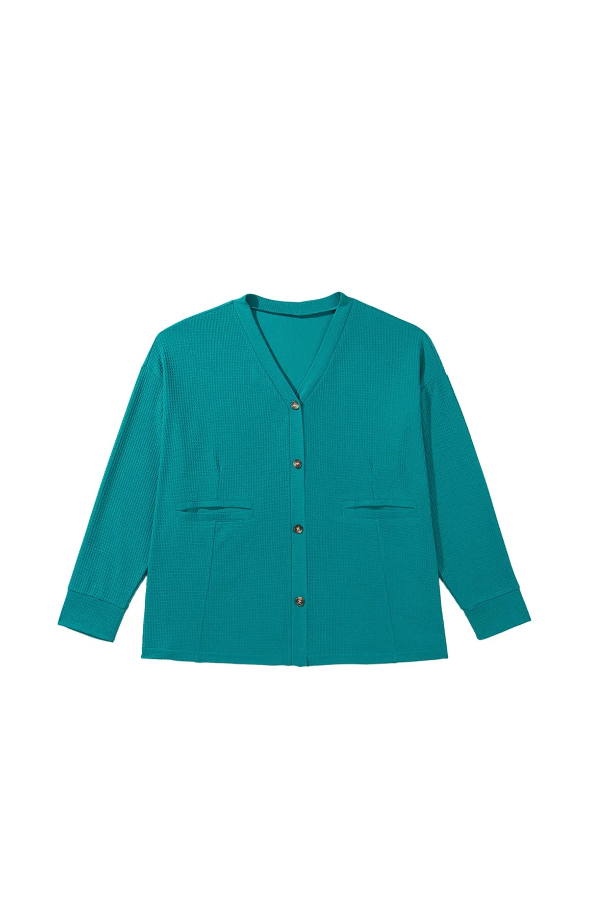 V Neck Waffle Textured Button Front Tunic Long Sleeve Plus Size Cardigan – Lapis