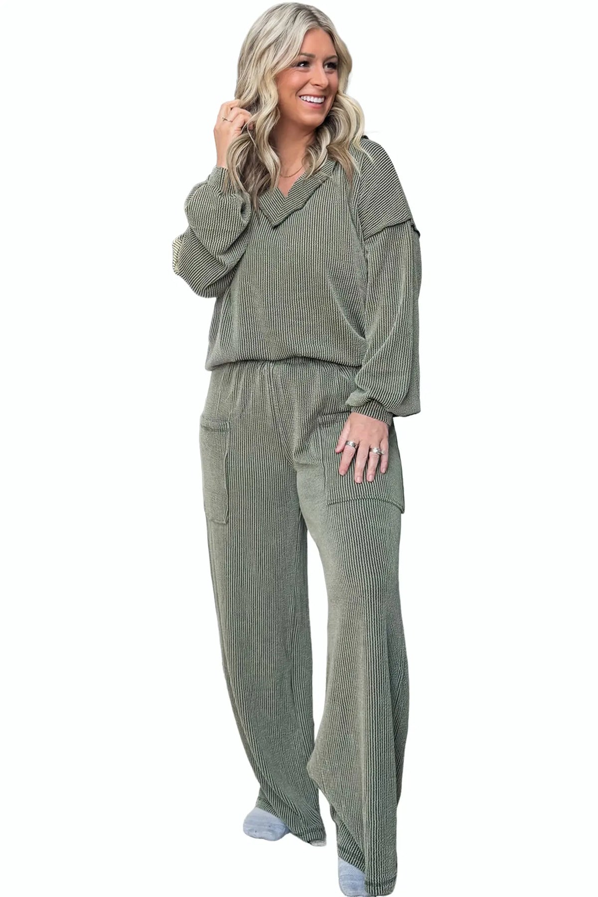 Twisted Ribbed Exposed Seam Detail V Neck Pullover Plus Size Pant Set – Four Leaf Clover