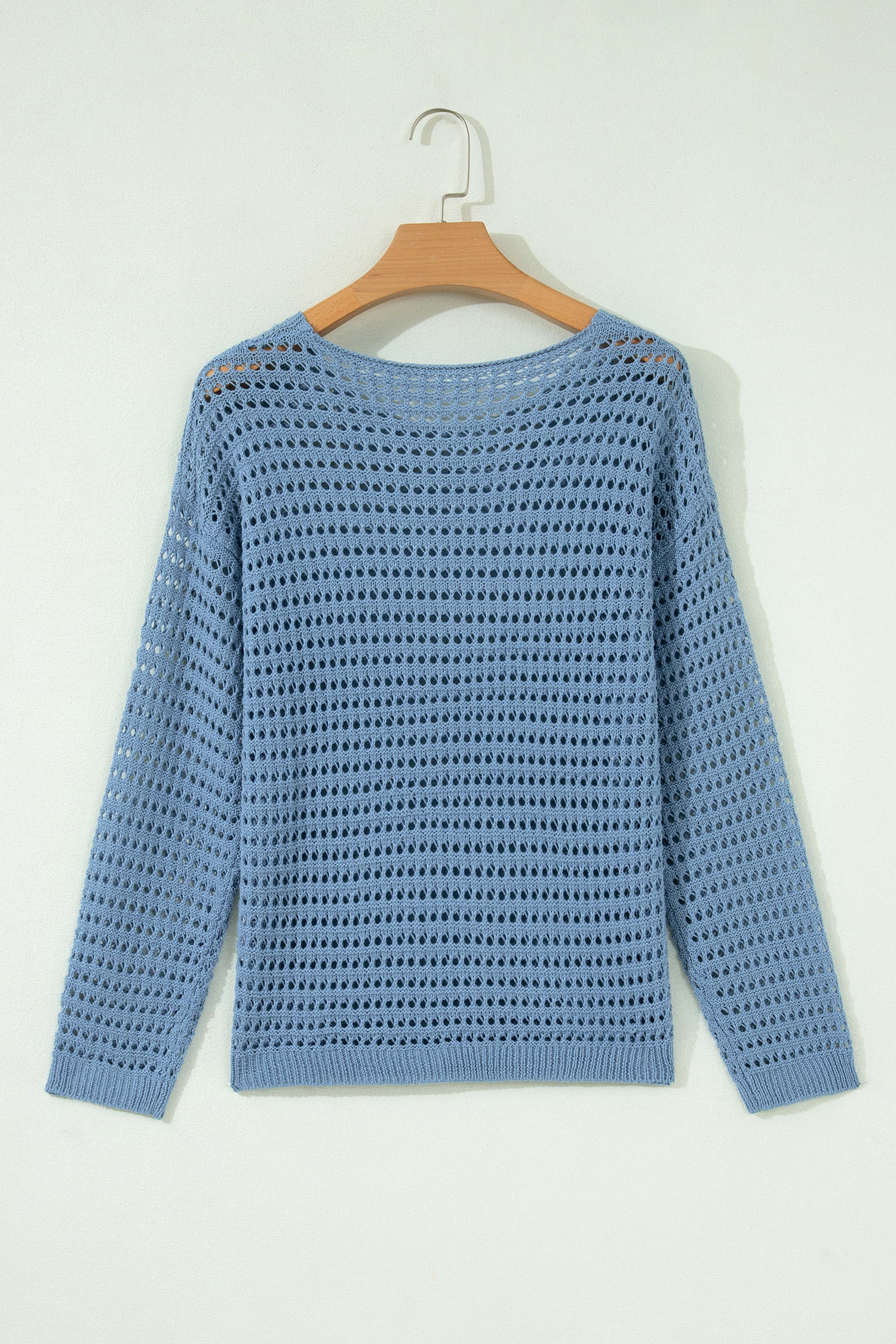 Myosotis Solid Color Hollow Out Knit Long Sleeve Crochet Sweater – Blue