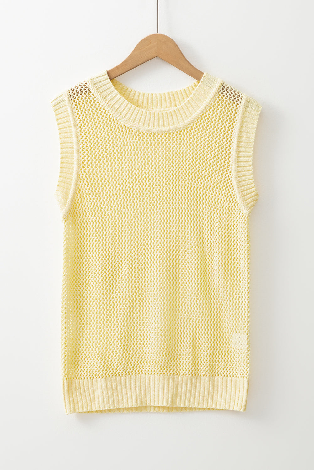 Yellow Solid Colour Hollowed Knit Round Neck Sweater Vest eAura
