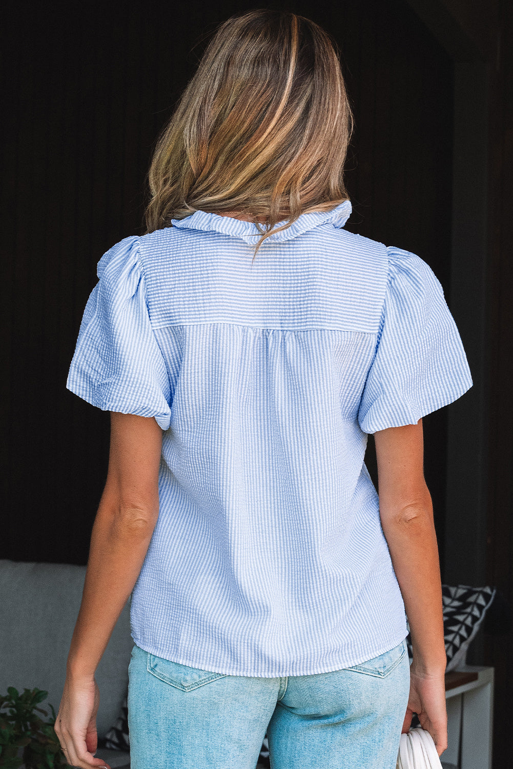 Striped Ruffle Short Bubble Sleeve Shirt eAura