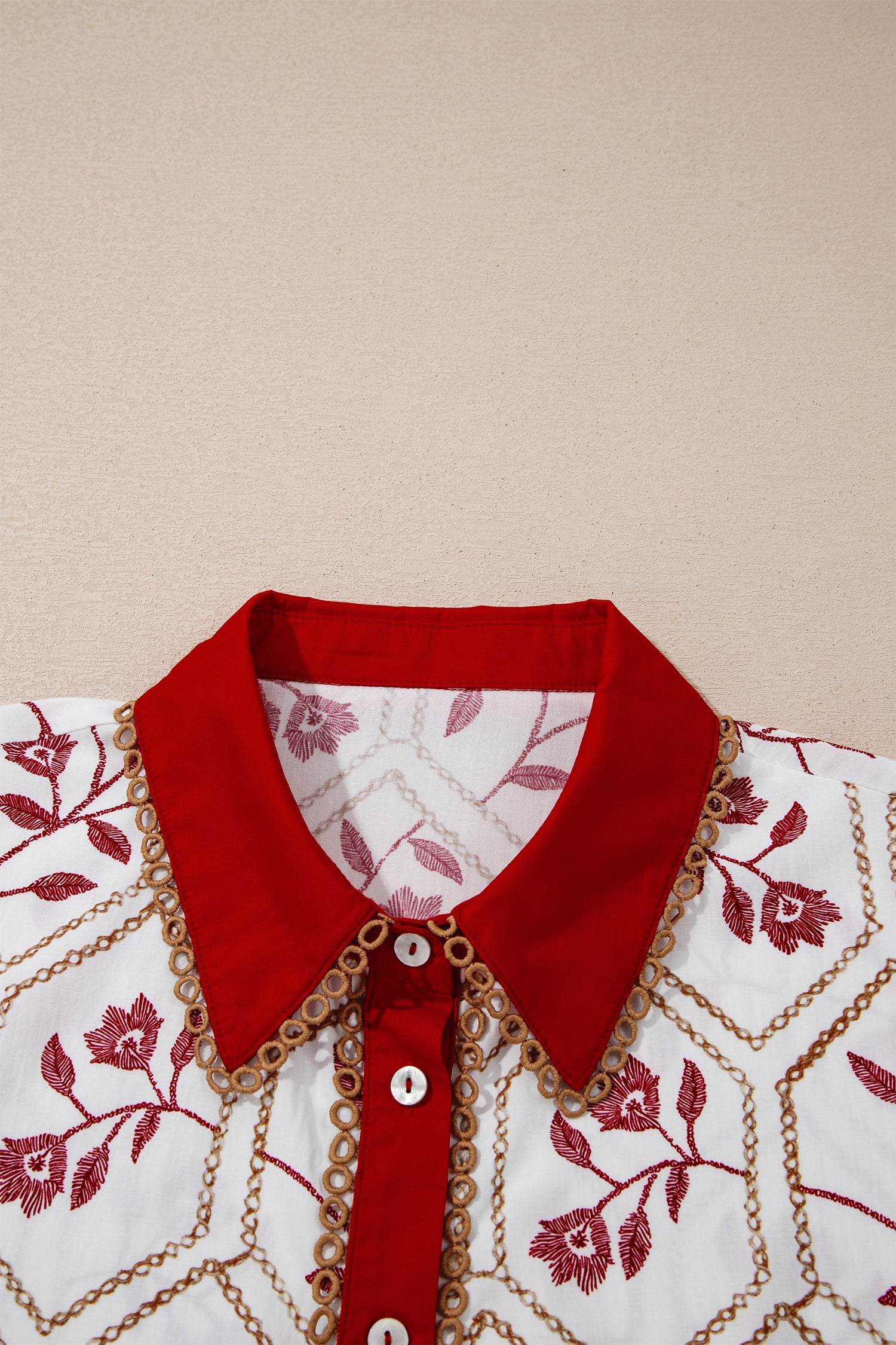 Geometric Floral Print Lace Trim Collared Short Sleeve Mini Dress
