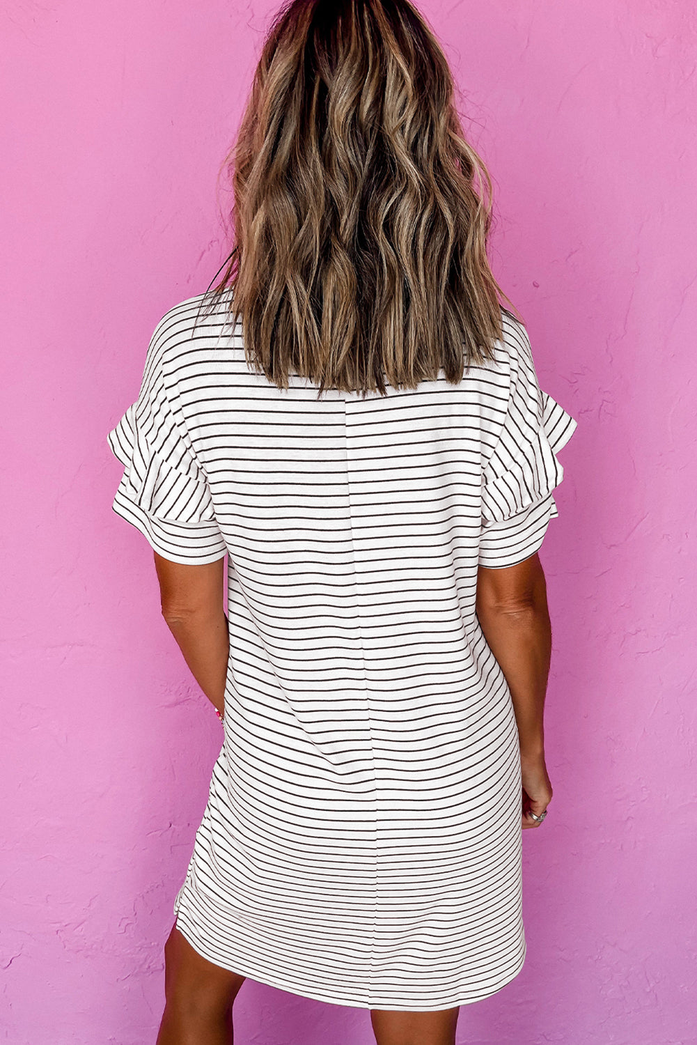 White Stripe Ruffled Short Sleeve Crew Neck T Shirt Shift Mini Dress eAura