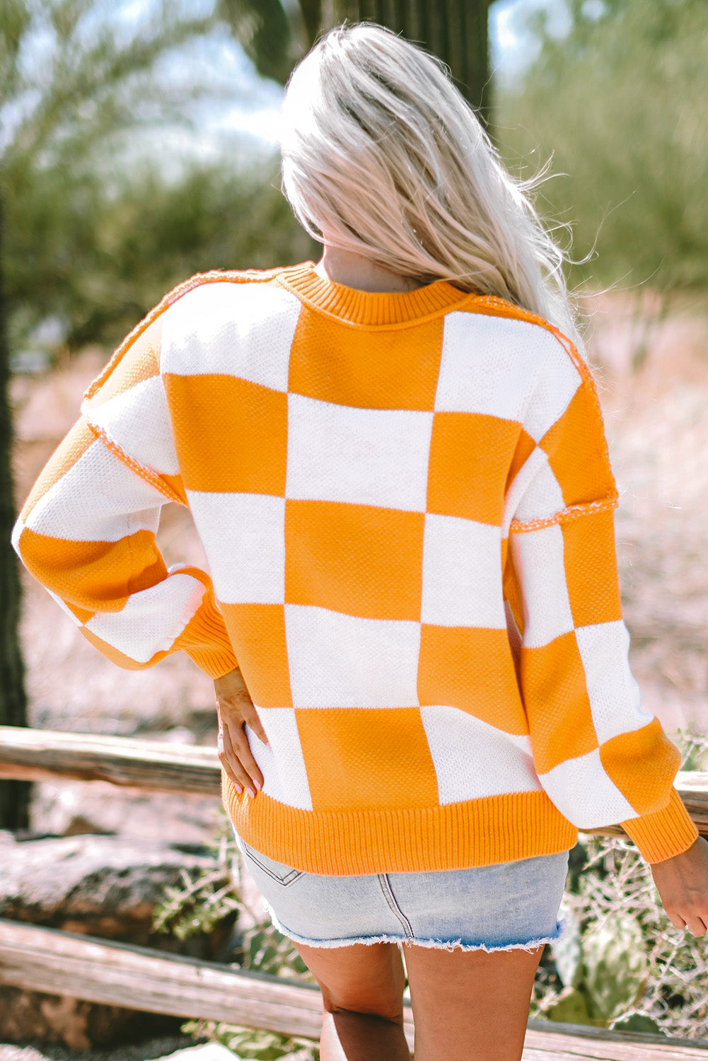 Orange Checkered Bishop Sleeve Sweater eAura