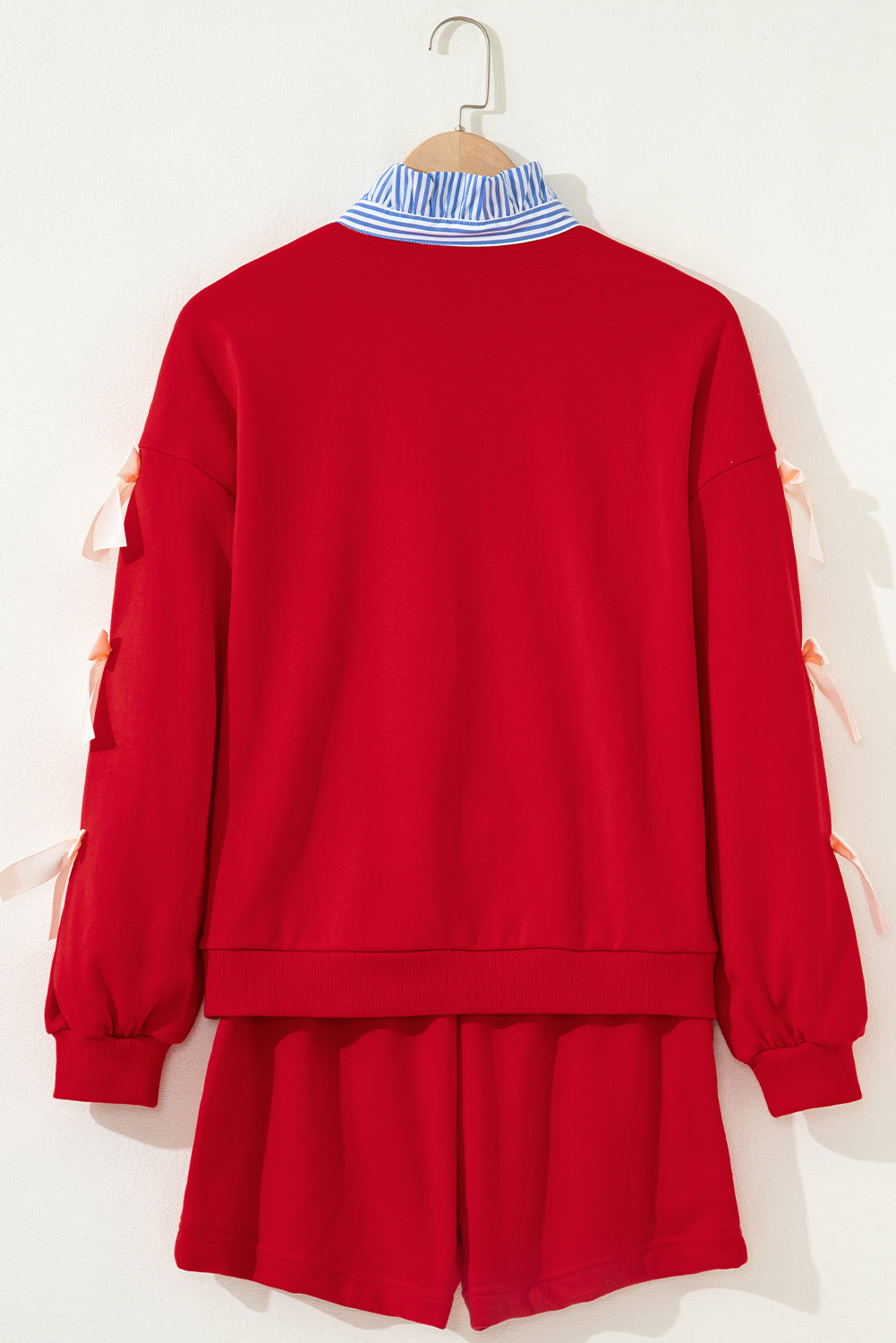 Striped Collar Bow Sweatshirt and Shorts Co-ord Set - eAura