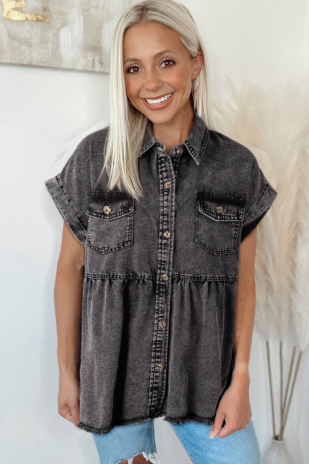 Black Short Sleeve Flap Pocket Button Up Raw Hem Denim Shirt eAura