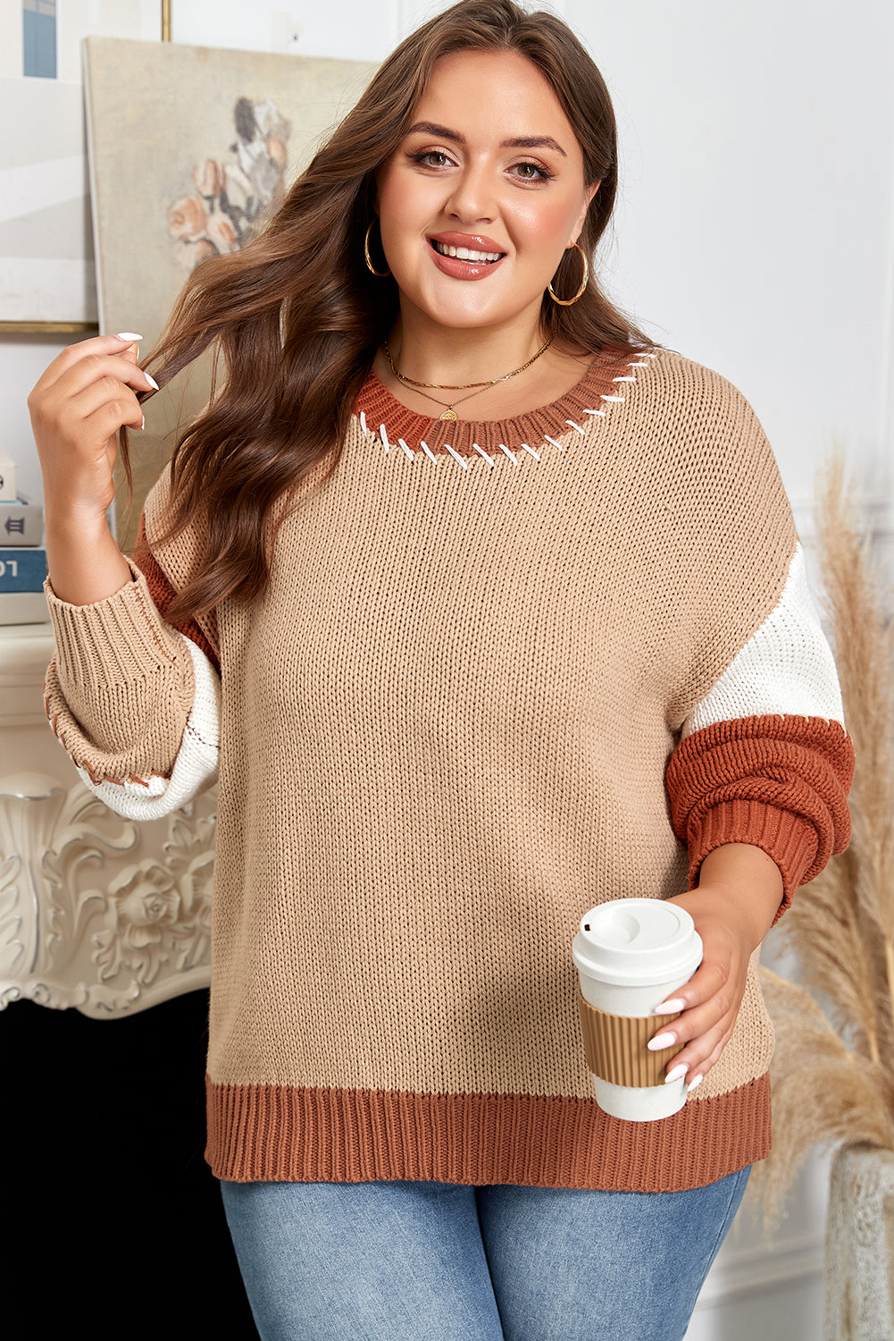 Light French Beige Contrast Stitch Detail Knit Plus Size Sweater eAura