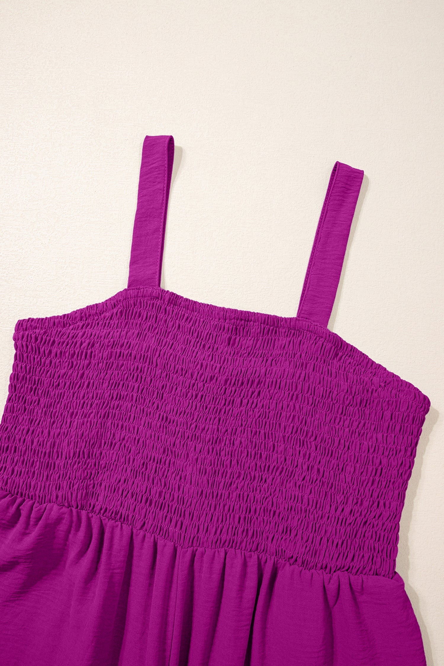 Smocked Square Neck Sleeveless Wide Leg Jumpsuit with Pockets – Purple