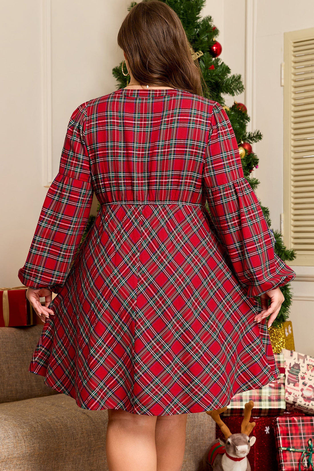 Plus Size Plaid Half Button Long Sleeve Holiday Dress - eAura