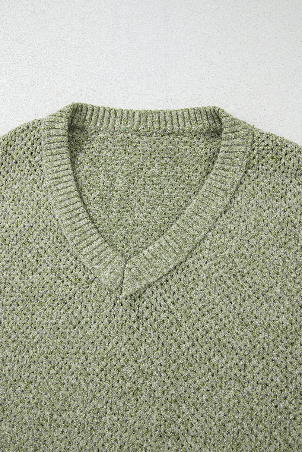 Jungle Green Loose Eyelet V Neck Drop Shoulder Sweater eAura