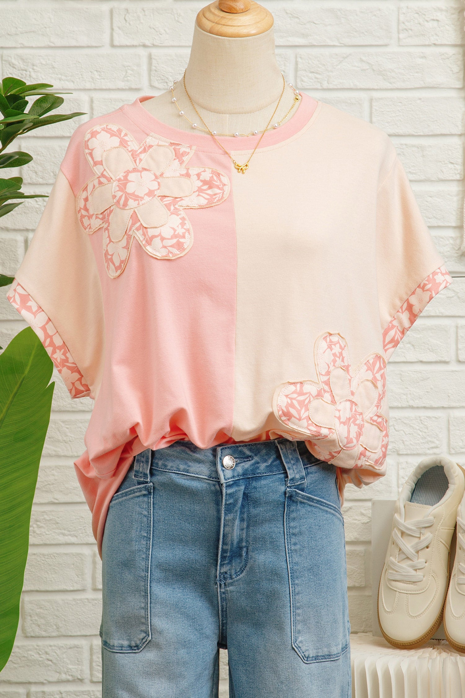 Colour Block Flower Patched Loose T-Shirt