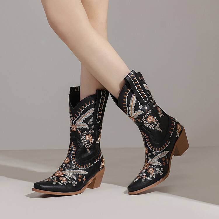 Chunky Heel Embroidery Knee-high Cowboy Boots - eAura