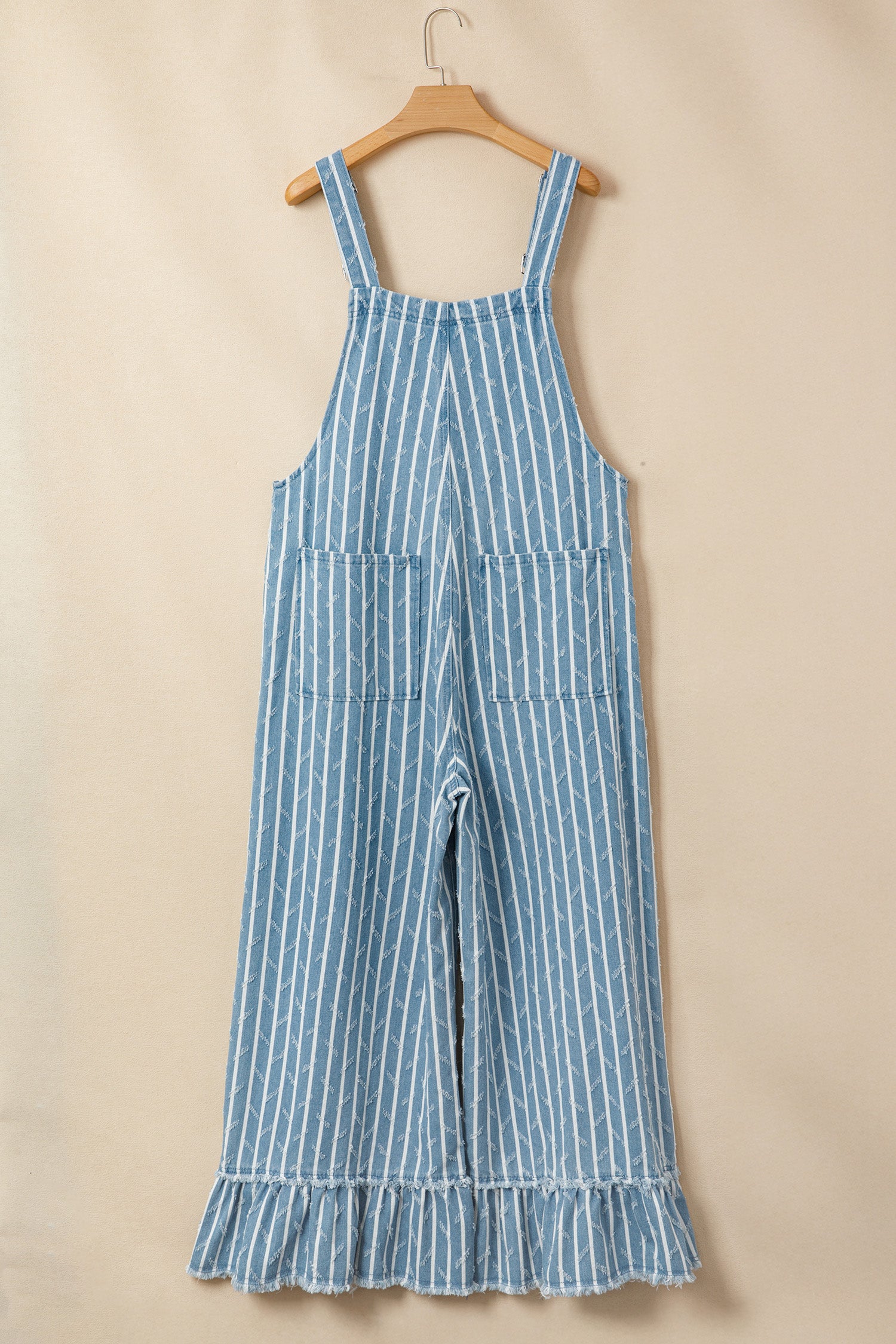 Striped Distressed Ruffled Wide Leg Denim Overalls – Blue